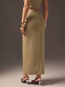 Hauture Fustă midi sexy de vară pentru birou, casual, solidă, asimetrică, plisată, cu crăpătură frontală - Maro - Vizualizare 4