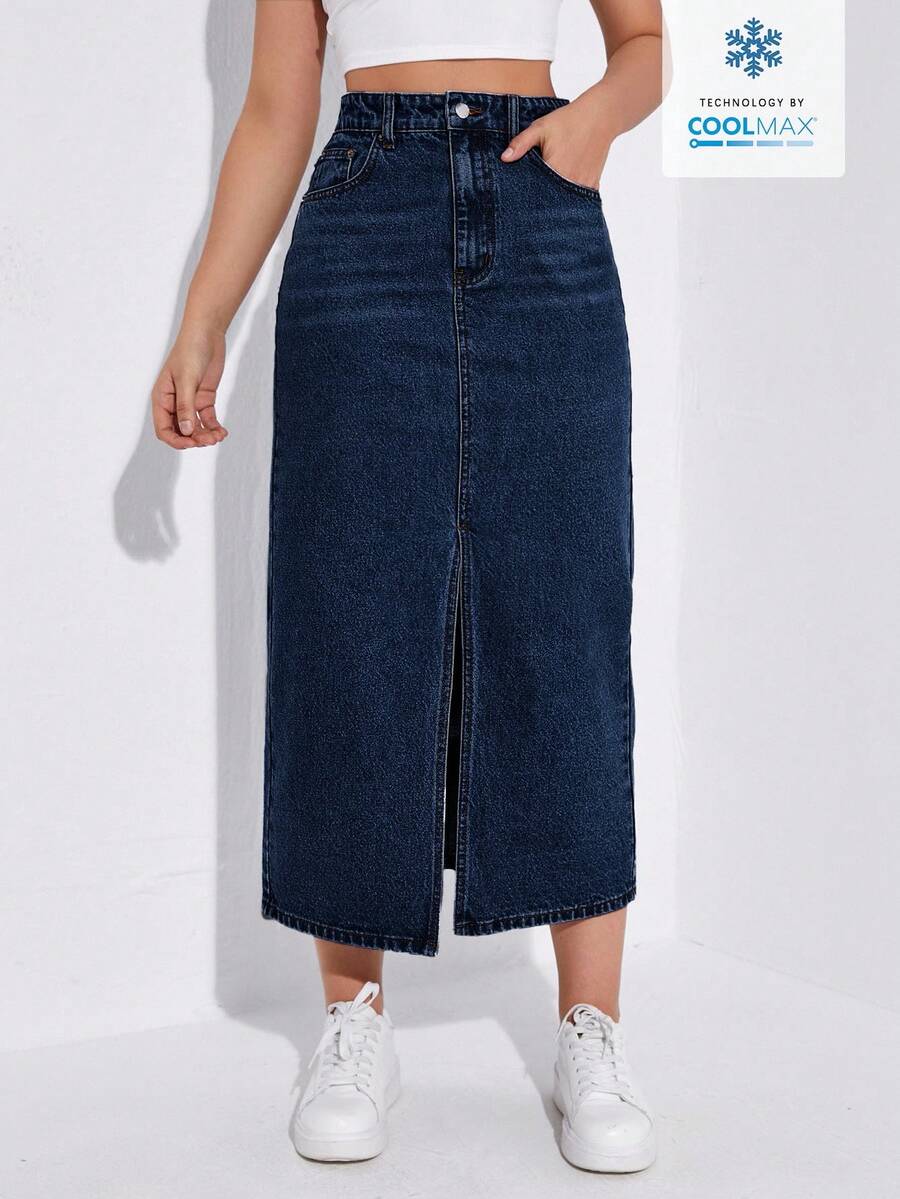 EURMUSE Casual Washed Front Slit Denim Mini Skirt - Dark Wash - View 1