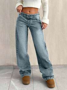 SHEIN Tall 高腰宽松直筒牛仔裤 - 淺藍色 - 查看 3