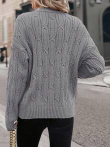 EMERY ROSE Plus Size Casual Loose-Fitting V-Neck Sweater With Twisted Knit For Warmth, Suitable For Winter, Vacation, Parties, Music Festivals, Home Wear, Back-To-School Events, As A Gift, And For Shopping. - Dark Grey - View 2