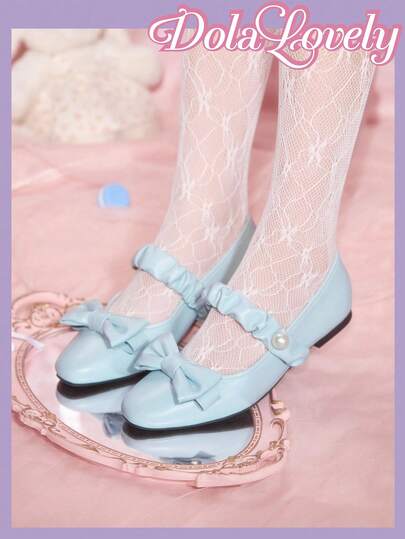 Dola Lovely 女士蓝色可爱圆头平底鞋，搭配复古大蝴蝶结带，浅洛丽塔花卉浪漫礼物，适合派对、圣诞节、万圣节等场合