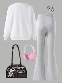 Sparklyn 2 件套青少年女孩连帽衫和运动裤套装，时尚休闲纽约城市标语印花，长袖圆领运动衫和喇叭裤，适合秋冬季，百搭款式，白色圆领运动衫和灰色喇叭裤搭配纽约印花上衣 - 白色 - 查看 6