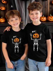 Tween-Jungen Halloween Lässiger Stylischer Totenkopf Hut Grafik & Spiel Muster Kurzarm T-Shirt, Feiertags-Themen Pullover