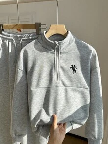 SHEIN Teen Girl Knight Embroidery Polo Sweatshirt And Sweatpants Set