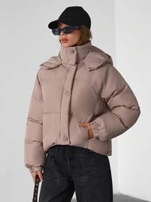 EURMUSE Drawstring Hem Hooded Drop Shoulder Quilted Women's Crop Down Jacket - Chocolate Brown - View 3