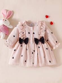 SHEIN Vestido elegante y lindo de manga larga con cuello redondo, volantes, estampado de cerezas de dibujos animados y moño rojo para bebé niña recién nacida, adecuado para todas las estaciones, nuevo estilo - Caqui - Ver 7