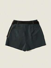 SHEIN Essnce Fold Pleated Belted Short Shorts With Chain - Dark Grey - View 2
