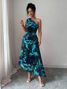 Elenzga 女款2025夏季优雅不对称肩部褶饰腰部镂空印花连衣裙 - 藍色 - 查看 3