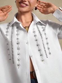 Bóhologie Áo sơ mi cài nút tay dài thường ngày dành cho nữ - trắng - Xem 3