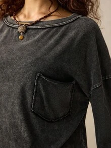 SoleilVie 万圣节休闲宽松黑色水洗工艺胸袋装饰长袖女式波西米亚风T恤 新款秋季时尚女装 秋季女装长袖上衣 返校季 万圣节秋季女装外出上衣 女式可爱上衣 T恤 女式秋季女装黑色上衣 - 黑色 - 查看 4