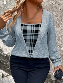 EMERY ROSE Plus Size Plaid Print Patchwork Black Knit Long Sleeve Sweatshirt, Soft Knit, Winter, Fall - Multicolor - View 4