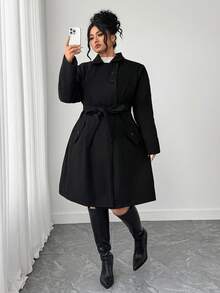 Elenzga 大码黑色纽扣翻领加厚复合长袖经典优雅中长款大衣，秋冬 - 黑色 - 查看 4