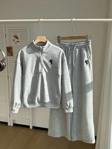 SHEIN Teen Girl Knight Embroidery Polo Sweatshirt And Sweatpants Set