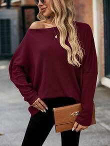 EMERY ROSE 女式宽松华夫格针织露肩蝙蝠袖T恤，绿色，秋季 - 酒紅色 - 查看 4