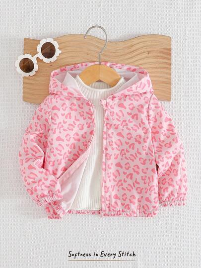 Cozy Pixies 女婴豹纹连帽长袖夹克，秋冬休闲百搭