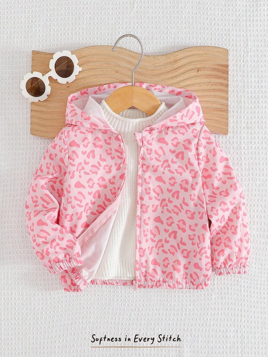 Cozy Pixies 女婴豹纹连帽长袖夹克，秋冬休闲百搭 - 粉色 - 查看 1