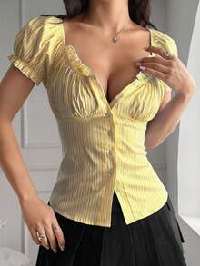 SHEIN Raffinéa Women's Summer Casual Everyday White And Yellow Striped Top,Cute Big V-Neck Front Button Babydoll Shirt,Square Neck Ruched Spring Short Sleeve Tops - Yellow - View 4