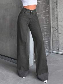 SHEIN Tall HÖG MIDJA100% Bomull Upprullade Jeans med Vida Ben - Ljusgrå - Visa 4