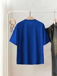 女式海军蓝 NY 字母印花宽松圆领短袖 T 恤，休闲夏季上衣，优雅舒适的设计，适合休闲外出 - 藍色 - 查看 2