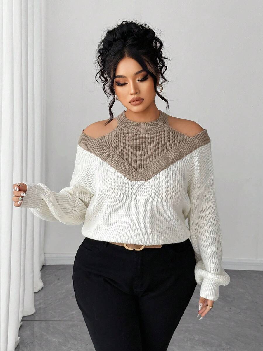 SHEIN Elenzya Women's 2 In 1 Off-Shoulder Contrast Color Sweater - Apricot - View 1