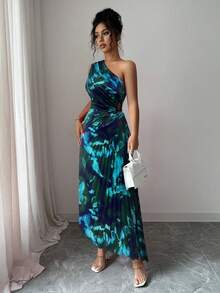 Elenzga 女款2025夏季优雅不对称肩部褶饰腰部镂空印花连衣裙 - 藍色 - 查看 4