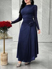 Feyla 长袖前开衩3D花卉优雅百搭派对连衣裙 - 藏蓝色 - 查看 1