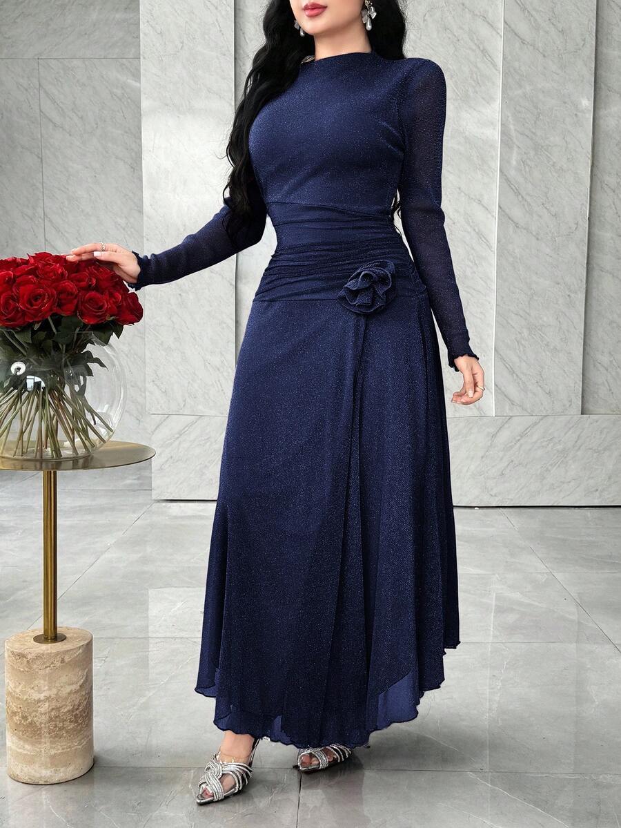 Feyla 长袖前开衩3D花卉优雅百搭派对连衣裙 - 藏蓝色 - 查看 1