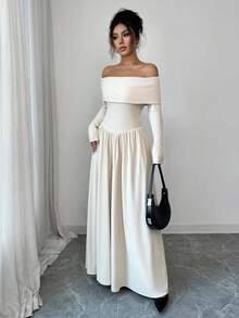 Selianne Women's Elegant Off Shoulder Ruched A-Line Long Sleeve Maxi Dress, Simple Solid Color, Apricot, Autumn/Winter - Apricot - View 4