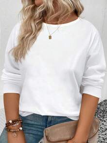 EMERY ROSE Women's Round Neck Long Sleeve All-Match Casual Plus Size T-Shirt, Suitable For Summer And Autumn - White - View 1