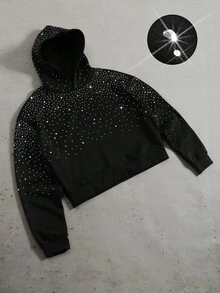 PAVTROS 男式水钻装饰宽松休闲套头连帽衫 - 黑色 - 查看 4