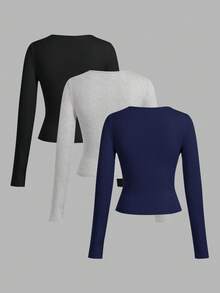SHEIN EZwear 3 件套女士休闲宽领修身长袖 T 恤套装，适合秋冬季 - 彩色 - 查看 2
