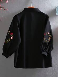 Linhara 大码女式中袖休闲刺绣衬衫 - 黑色 - 查看 2