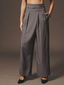 Hauture Formal Old Money Business Office Fall Suiting High Waisted Wrap Pleated Wide Leg Pants - Dark Grey - View 4