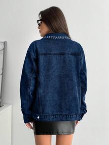 EURMUSE Stud Detailed Regular Fit Denim Jacket - Dark Wash - View 2
