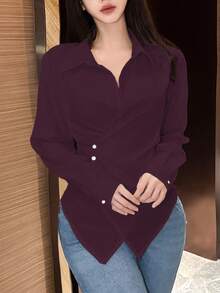 EMERY ROSE Women's Plain Color Long Sleeve Wrap Blouse, Spring Autumn Women Shirt - Red Violet - View 4