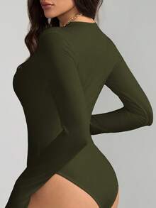 SHEIN Tall Solid Slim Fit Spring Women Bodysuit - Army Green - View 3