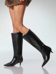 SHUZIA Women's Glamorous Sexy Pointed Toe Kitten Heel Knee-High Boots - Black - View 2