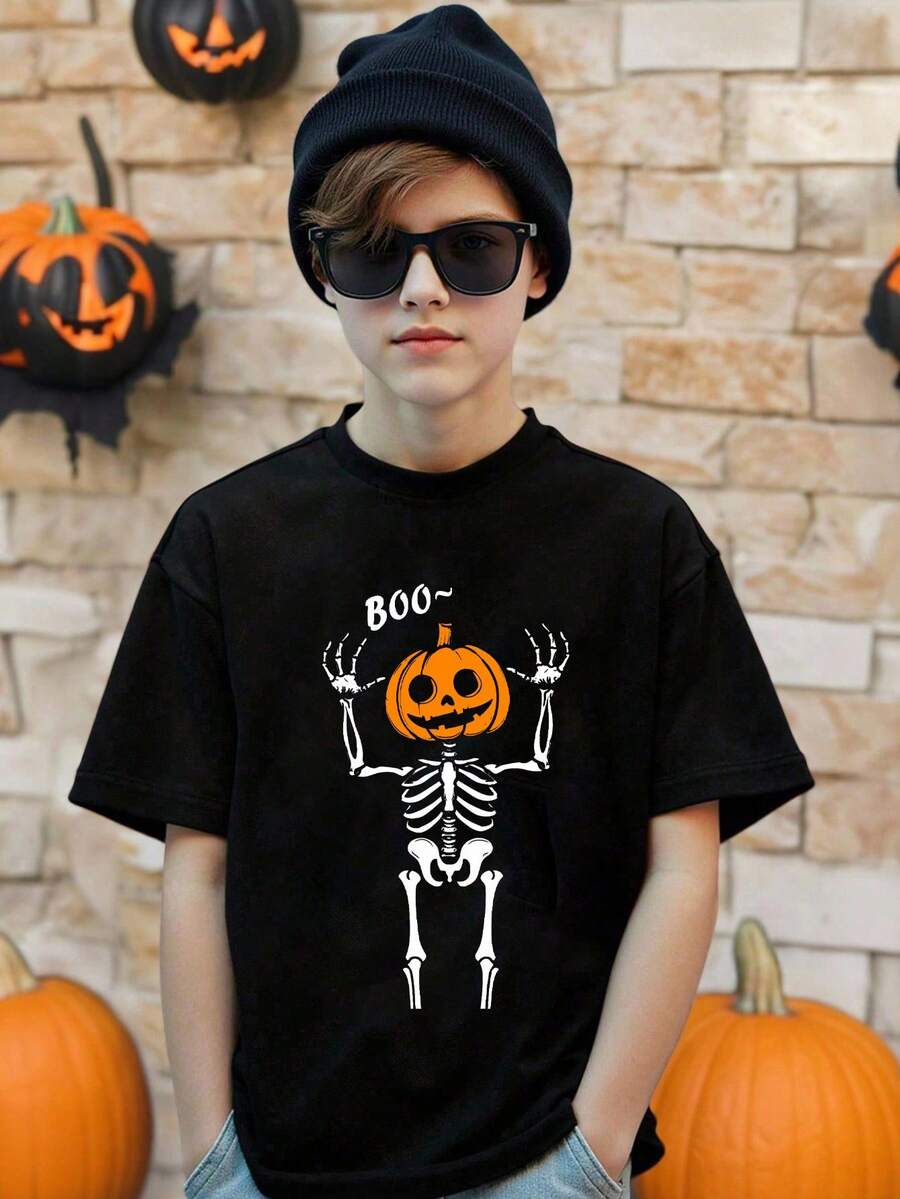 Tween-Jungen Halloween Lässiger Stylischer Totenkopf Hut Grafik & Spiel Muster Kurzarm T-Shirt, Feiertags-Themen Pullover