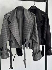 Siren Gaze Women's Gray Striped Short Windbreaker Jacket In Fall/Winter Casual