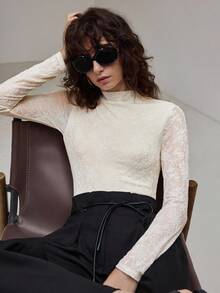 Ontre Elegant White Lace Stand Collar Long Sleeve Bodysuit, Women's Top, Minimalist Style, Daily/Business Wear, 2025 New Arrival