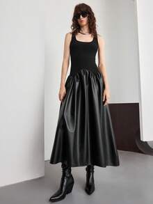 Ontre 2025 新款现代都市 PU 材质黑色圆领无袖中长连衣裙，女士休闲商务连衣裙 - 黑色 - 查看 5