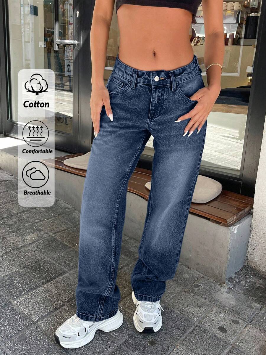 EURMUSE Quần jeans ống đứng cạp thấp đa năng dành cho nữ đi làm thường ngày - Màu xanh bụi bặm - Xem 1