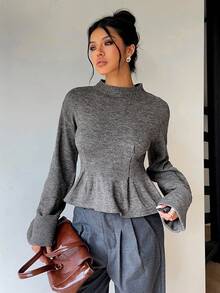 Siren Gaze Women's Grey Stand Collar Cinched Waist A-Line Sweater, Autumn/Winter,Fashionable Winter Women's Clothing, Autumn And Winter Sweaters, High-Smart Style Wea Casual - Grey - View 5