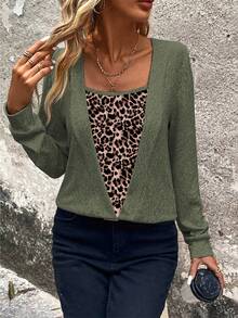 EMERY ROSE Women's Autumn/Winter New Arrival Bestselling Leopard Print Patchwork Design Casual Sweatshirt - Multicolor - View 7