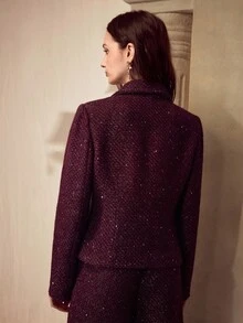 MOTF PREMIUM AUTUMN/WINTER FRENCH STYLE CHIC TWEED LAPEL COLLAR LONG SLEEVE FITTED SHORT WOMEN'S BLAZER JACKET, PURPLE - Purple - View 6