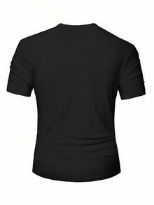 Manfinity Homme Men's Summer V-Neck Button Design Pocket Black Casual T-Shirt - Black - View 2