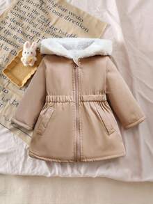 SHEIN Baby Girl Fashionable Versatile Thick Zip-Up Hooded Padded Coat, Suitable For Winter Daily Wear Fall - Khaki - View 11