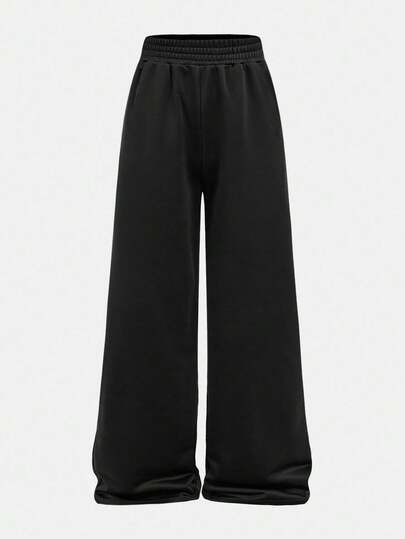 Girlism Teen Girls Black Loose Straight Fit Pocketed Knit Joggers, Casual Sports & Loungewear, Autumn/Winter Black Pants Black Wide Leg Pants Wide Leg Pants Baggy Pants Loose Pants Fall