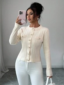 Elenzga Damen eleganter romantischer Strickjacken-Pullover, Rundhalsausschnitt, Langarm - Aprikosenfarben - Übersicht 1