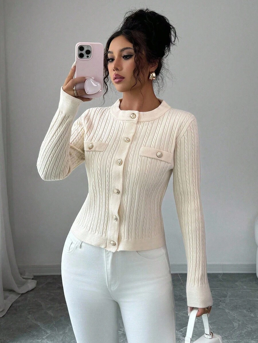 Elenzga Damen eleganter romantischer Strickjacken-Pullover, Rundhalsausschnitt, Langarm - Aprikosenfarben - Übersicht 1